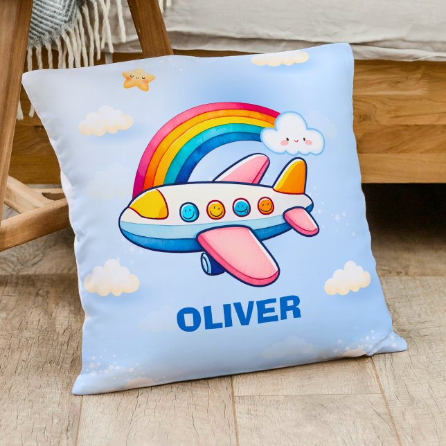 Whimsical Passanger Airplane with Rainbow Throw Pillow (Creator Uploaded)