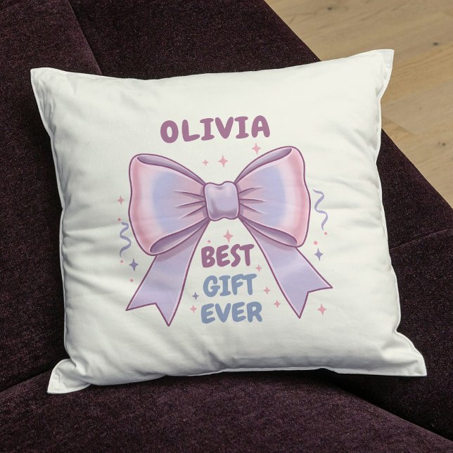 Whimsical Pastel Bow "Best Gift Ever" Throw Pillow (Creator Uploaded)