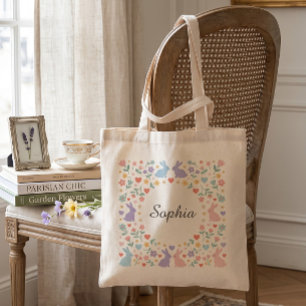 Whimsical Pastel Bunny Floral Wreath Personalized Tote Bag