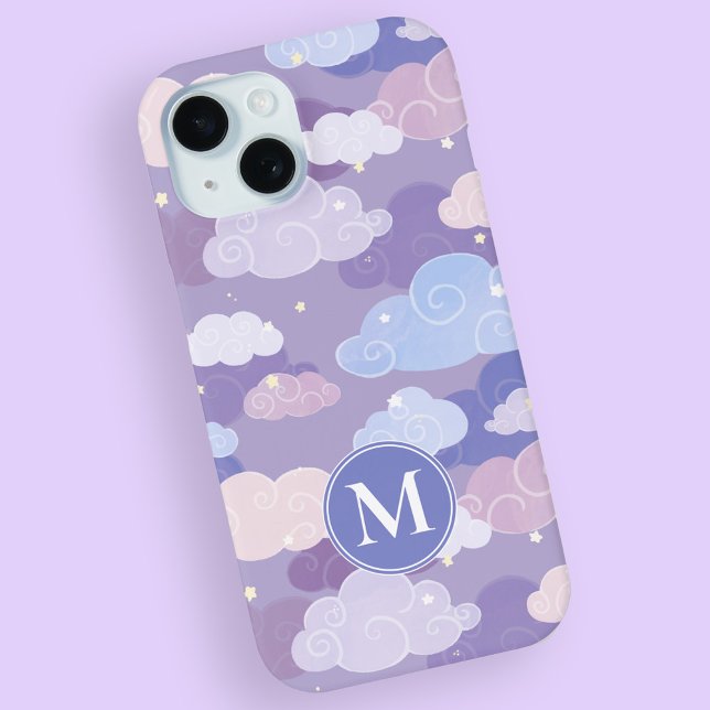 Whimsical Pastel Clouds and Stars Pattern Case-Mate iPhone Case (Whimsical Purple Sky & Clouds Pattern iPhone Case with Personalized Monogram)