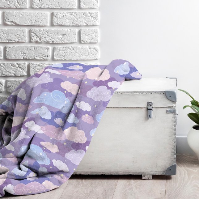 Whimsical Pastel Clouds and Stars Pattern Fleece Blanket (Whimsical Purple Sky & Clouds Pattern Fleece Blanket)