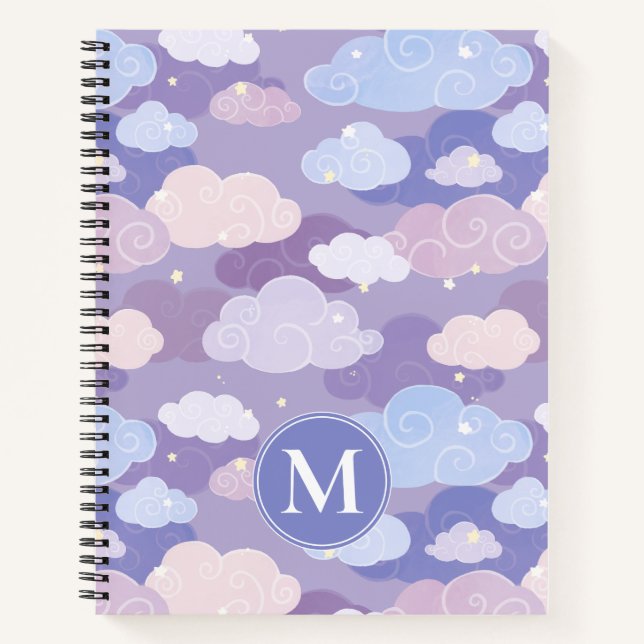 Whimsical Pastel Clouds and Stars Pattern Notebook (Front)