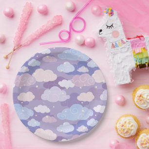 Whimsical Pastel Clouds and Stars Pattern Paper Plate