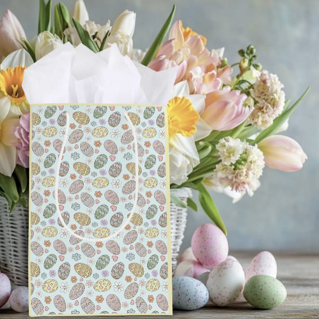 Whimsical Pastel Cute Easter Eggs Floral Patter Medium Gift Bag (Creator Uploaded)