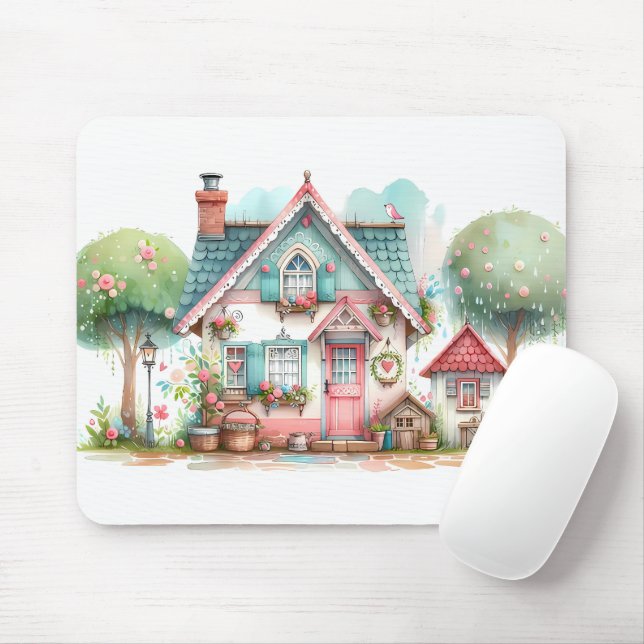 Whimsical Pastel Fairy Tale Cottage Art Mouse Pad (With Mouse)