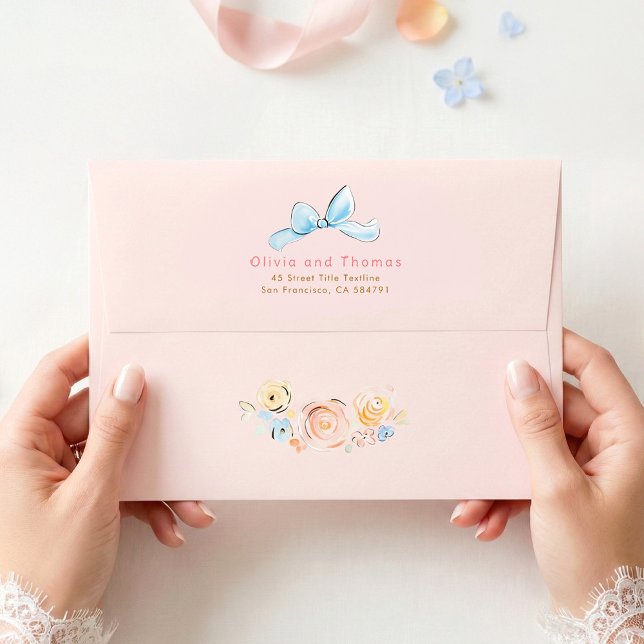 Whimsical Pastel Flowers and Blue Bow Elegant Envelope (Pastel Whimsical Hand-drawn Wedding Envelopes)