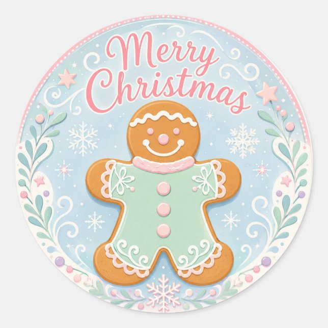 Whimsical Pastel Gingerbread Man Classic Round Sticker (Front)