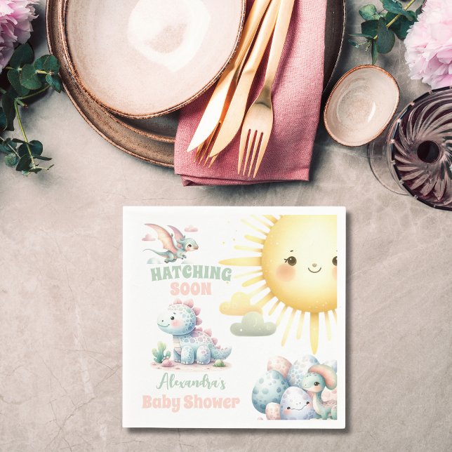 Whimsical Pastel Hatching Soon Dino Baby Shower Napkin (Creator Uploaded)