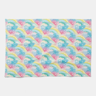 Whimsical Pastel Pattern with Hearts and Rainbows Kitchen Towel