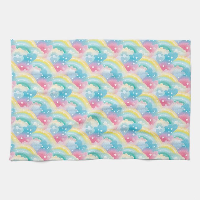Whimsical Pastel Pattern with Hearts and Rainbows Kitchen Towel (Horizontal)