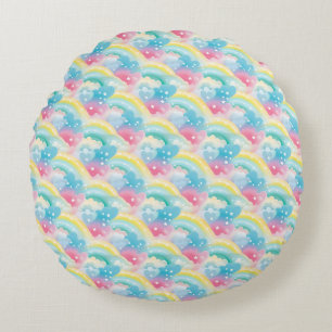 Whimsical Pastel Pattern with Hearts and Rainbows Round Pillow