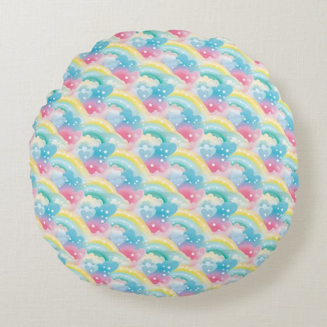 Whimsical Pastel Pattern with Hearts and Rainbows Round Pillow (Front)