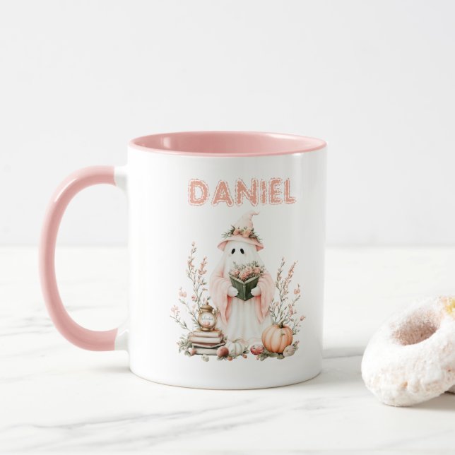 Whimsical Pastel Pink Ghost Pumpkin Halloween Mug (With Donut)