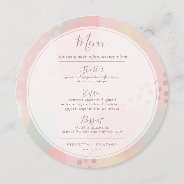 Whimsical Pastel Pink Modern Art Wedding Menu (Front)