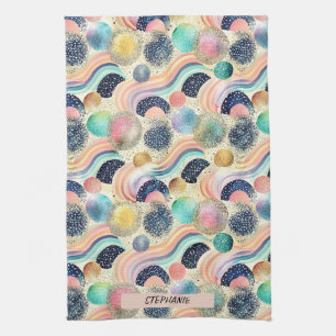 Whimsical Pastel Rainbow Waves & Glitter Abstract Kitchen Towel