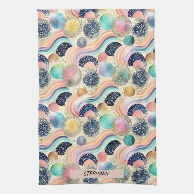Whimsical Pastel Rainbow Waves & Glitter Abstract  Kitchen Towel (Vertical)