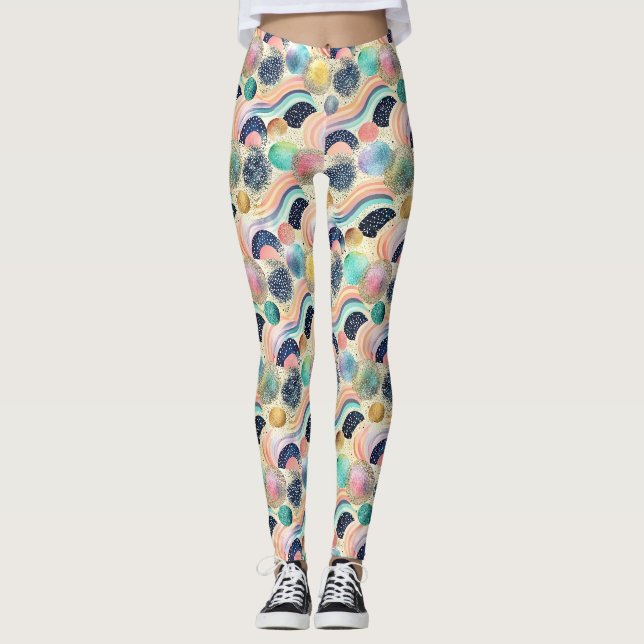 Whimsical Pastel Rainbow Waves & Glitter Abstract  Leggings (Front)