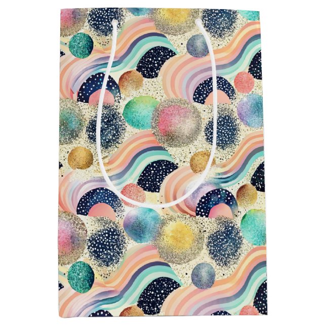 Whimsical Pastel Rainbow Waves & Glitter Abstract  Medium Gift Bag (Front)