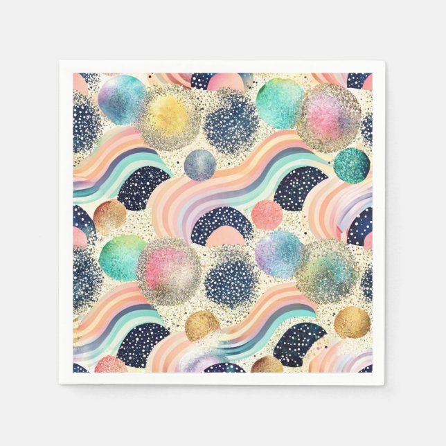 Whimsical Pastel Rainbow Waves & Glitter Abstract  Napkin (Front)