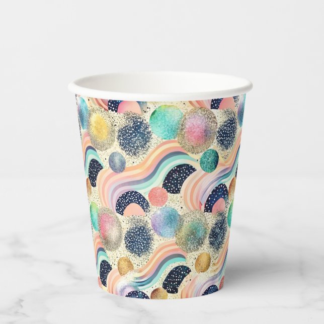 Whimsical Pastel Rainbow Waves & Glitter Abstract  Paper Cups (Front)
