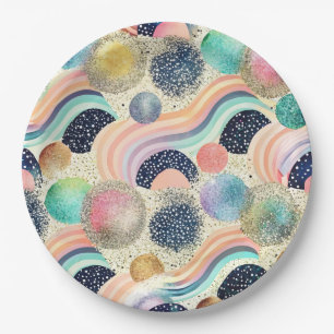 Whimsical Pastel Rainbow Waves & Glitter Abstract Paper Plate