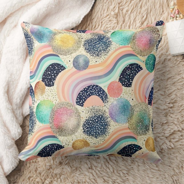 Whimsical Pastel Rainbow Waves & Glitter Abstract  Throw Pillow (Blanket)