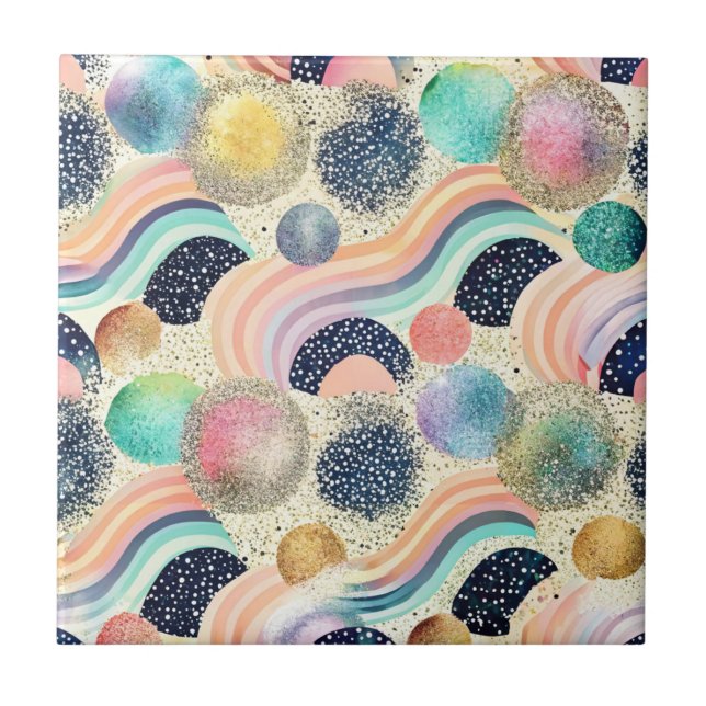 Whimsical Pastel Rainbow Waves & Glitter Abstract  Tile (Front)
