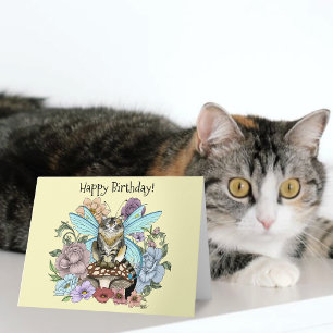 Whimsical Pastel Tabby Fairy Cat Floral Fantasy Card