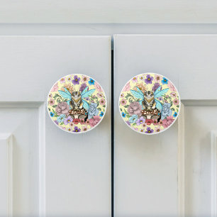 Whimsical Pastel Tabby Fairy Cat Floral Fantasy Ceramic Knob