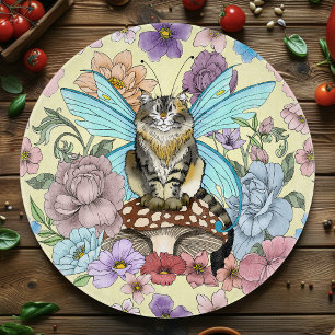 Whimsical Pastel Tabby Fairy Cat Floral Fantasy Cutting Board