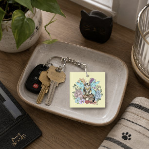 Whimsical Pastel Tabby Fairy Cat Floral Fantasy  Keychain