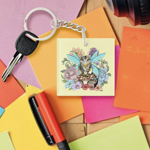 Whimsical Pastel Tabby Fairy Cat Floral Fantasy  Keychain
