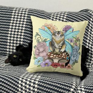 Whimsical Pastel Tabby Fairy Cat Floral Fantasy Throw Pillow