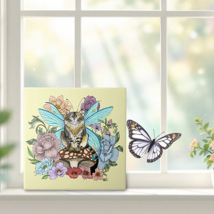 Whimsical Pastel Tabby Fairy Cat Floral Fantasy  Tile