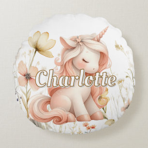 Whimsical pastel unicorn wildflower round pillow