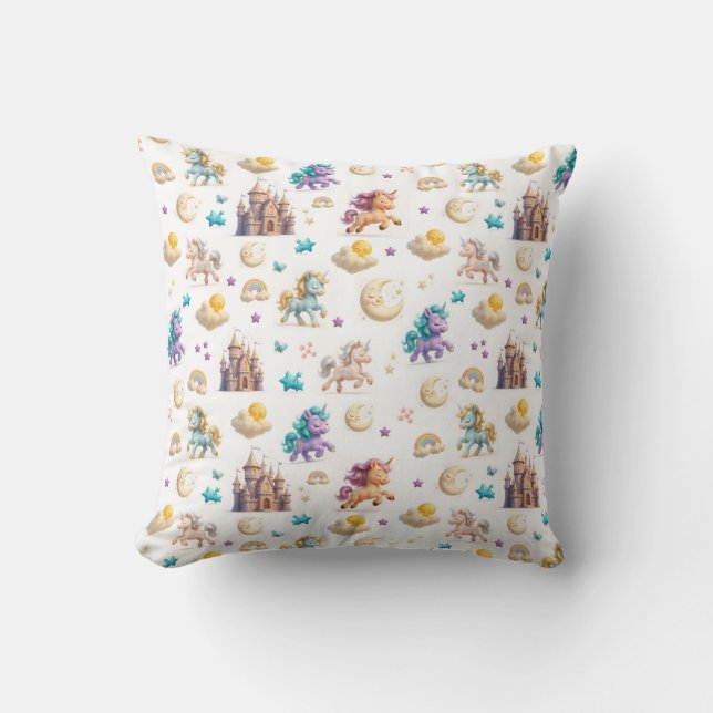 Whimsical Pastel Unicorns and Castles Fantasy Throw Pillow (Front)