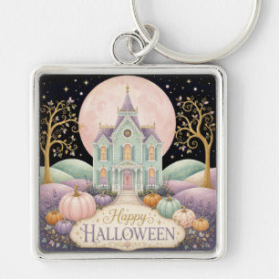 Whimsical Pastel Victorian Haunted House Halloween Keychain