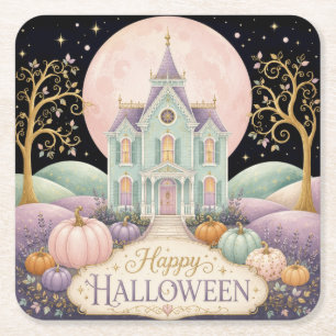 Whimsical Pastel Victorian Haunted House Halloween Square Paper Coaster