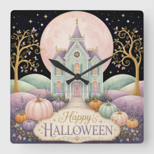 Whimsical Pastel Victorian Haunted House Halloween Square Wall Clock