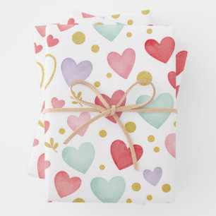 Whimsical Pastel Watercolor Heart & Gold Leaf Wrapping Paper Sheet