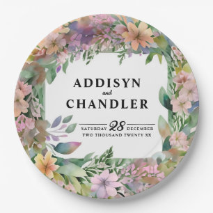 Whimsical Pastel Watercolor Wildflower Wedding Paper Plate