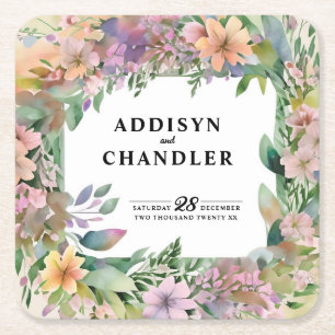 Whimsical Pastel Watercolor Wildflower Wedding Square Paper Coaster