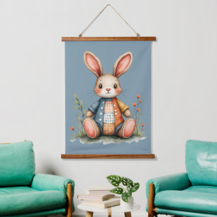 Whimsical Patchwork Bunny Cottagecore Woodland Hanging Tapestry