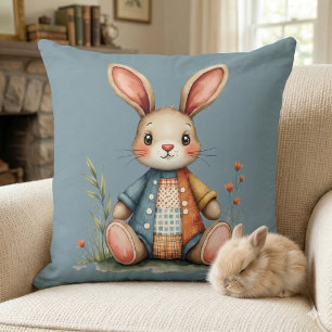 Whimsical Patchwork Bunny Cottagecore Woodland Throw Pillow
