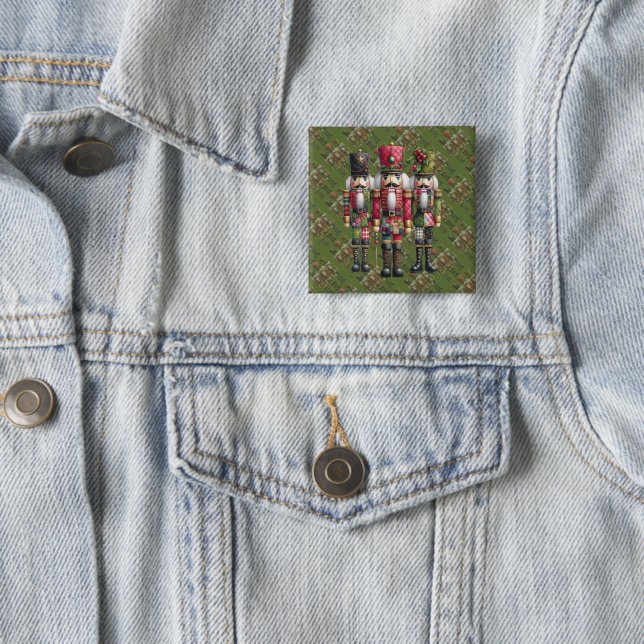 Whimsical Patchwork Christmas Nutcracker Trio 2 Inch Square Button (In Situ)