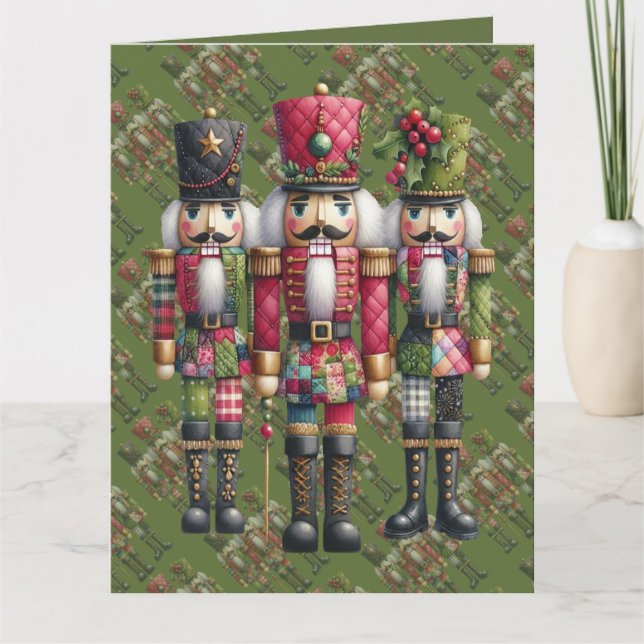Whimsical Patchwork Christmas Nutcracker Trio Card (Front)