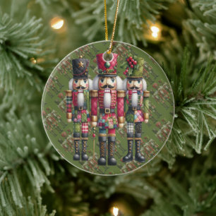 Whimsical Patchwork Christmas Nutcracker Trio Ceramic Ornament