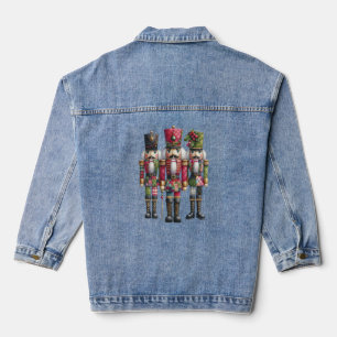 Whimsical Patchwork Christmas Nutcracker Trio Denim Jacket
