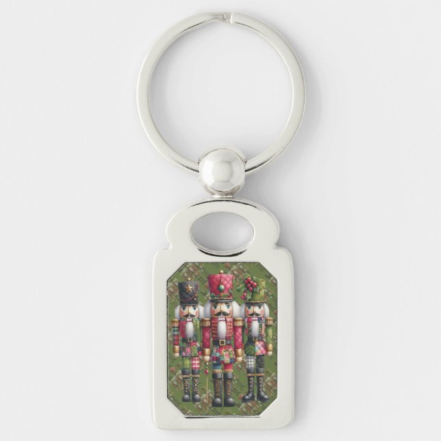 Whimsical Patchwork Christmas Nutcracker Trio Keychain (Front)