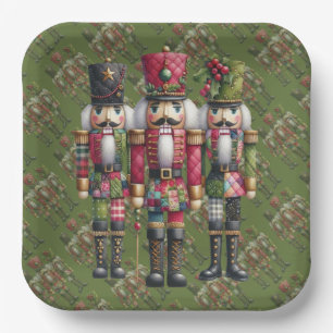 Whimsical Patchwork Christmas Nutcracker Trio Paper Plate